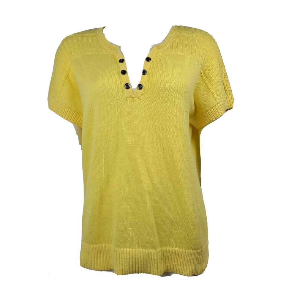 Christopher & Banks Top Womens Size Large Yellow Knit Short Sleeve Preppy Happy